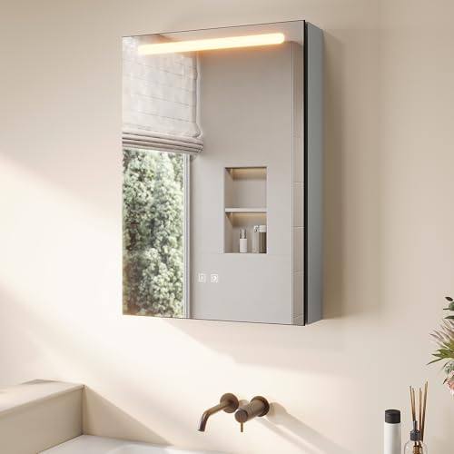 SONNI LED Spiegelschrank 70x48.5 cm schmal mit Organizer & Steckdose Grau | Mit Innen-Spiegel (15mm Holz), fertig montiert, Anti-Beschlag, 3 Lichtfarben, dimmbar, mit Memory – Für Ihre Badrenovierung