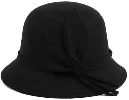 XUCZHAI Melonhatt med brätte för flickor, Fedora, elegant, klocka, höst-vinter, varm, gjord av filt, vintage och retrostil (svart)