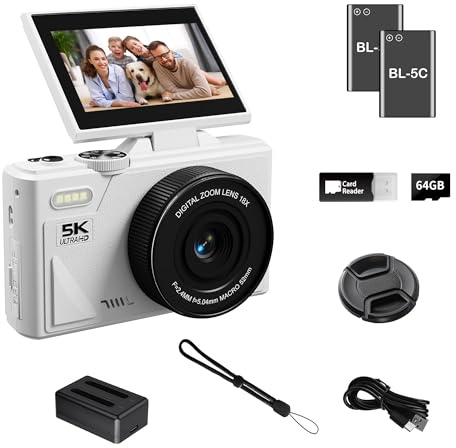 LENANE Fotocamera digitale 5K per fotografia con WiFi, fotocamera Vlogging Ultra HD da 75 MP per YouTube con schermo flip da 3 pollici a 180°, zoom 18x, fotocamera compatta per principianti e