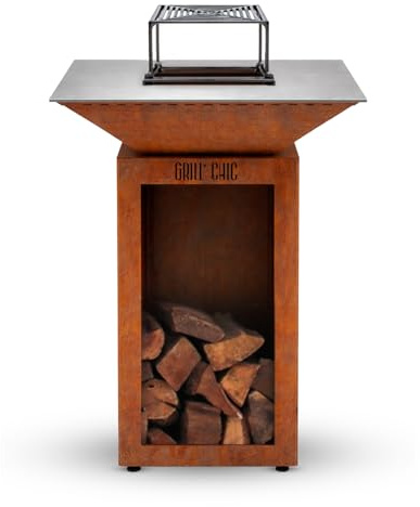 GRILL'CHIC - Pack Privilège Brasero Cévenol Corten Bois Carré - Simple Cuve - Avec Bâche + Grille + Stop Food Inclus - À Assembler - Fabriqué en France - 74 L x 74 P x 89 H cm