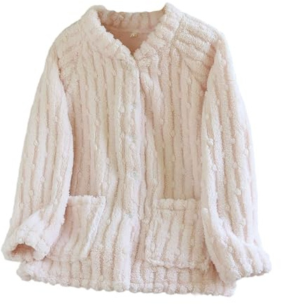 Keepink Women Pajama Tops Cozy Flannel Shirt Fuzzy Fleece Bed Jackets V Neck Button Down Cardigan Sleepwear Long Sleeve Plush Warm Winter Coat With Pockets Comfort Loungewear Homewear