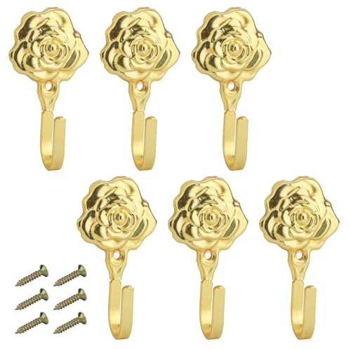 LELE LIFE 6 Stück Vintage Dekorative Wandhaken, Garderobenleiste Wandhalterung Metall Handtuchhaken für Badezimmer Hängende Mäntel, Taschen, Schlüssel, Gold