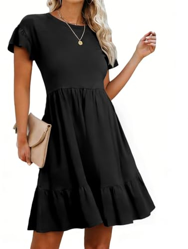 LEEDYA Women Summer Midi Dress Short Long Sleeve Ladies Dress Crew Neck Floral Plain Beach Party Dresses with Pocket Black XL