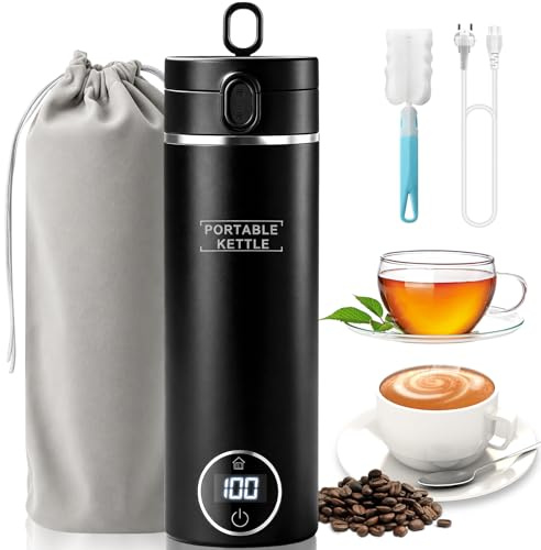 Elektrischer Reisewasserkocher Klein 500ML/ 300W,Tragbarer Wasserkocher Mini Wassertasse Edelstahl 316 mit 6 Temperatureinstellung, Kleiner Wasserkocher für Thermoskanne Baby, Tee, Kaffee, Schwarz