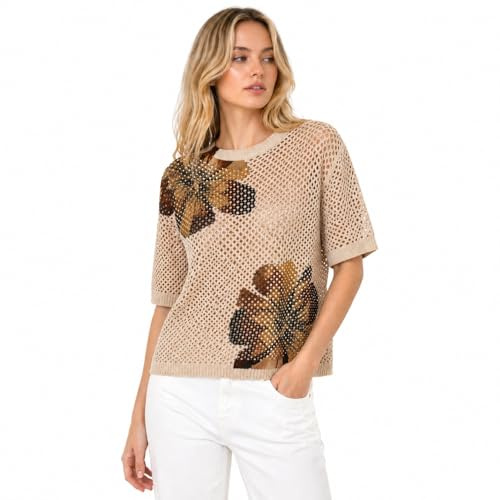 Beauty Women Maglia Donna Traforata a Maniche Corte con Motivo Floreale, Maglia Leggera Primaverile a Girocollo, Pullover in Maglia Elasticizzata