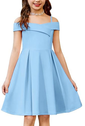 Arshiner Fille Robe Épaules Dénudées Bretelles Spaghetti Robes Enfant sans Manches d'été Robe Élégante Fête Robes pour Fille 11-12 Ans Bleu Clair