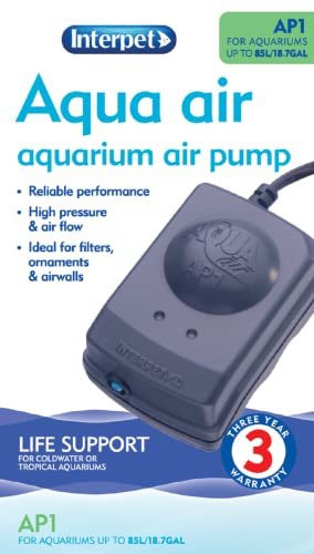 Interpet Aqua Air Oxygen Pump for Aquarium Fish Tank Aeration, Quiet, Powerful, 1 Outlet, AP1 for Aquariums 21-50 Litre, clear