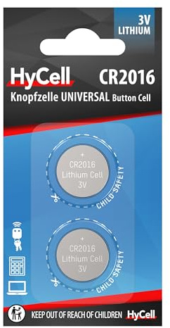 HyCell Piles bouton CR2016 3V 70 mAh (2 pces) – Piles plates standard de qualité supérieure – Piles boutons pour ouverture de garage, balance numérique, pointeur laser, etc.