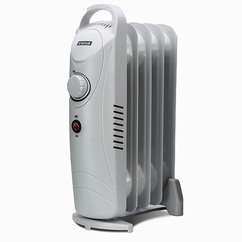 STATUS 5 Fin Oil Filled Radiator, 500W Portable Electric Heater with Adjustable Thermostat, Overheat & Tip-Over Safety, Carry Handle for Home, Bedroom, Office, Caravan, White (OFH5-500W1PKB)