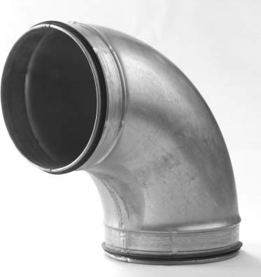 Curva 90 gradi stampata in lamiera di acciaio zincata con guarnizione di tenuta, raccordo per condotte con tubo spiralato in impianti di distribuzione aria e ventilazione. (Diametro 150)