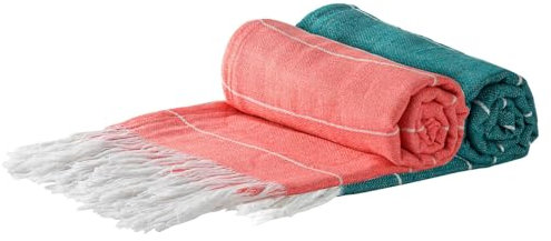 Nicola Spring Turkish Cotton Bath Towels - 173 x 92cm - Cantaloupe/Aqua - Pack of 2 - Lightweight & Absorbent Large Adults Drying Beach Towel Bathroom Gym Cloth Sauna Hammam Shower Sheet