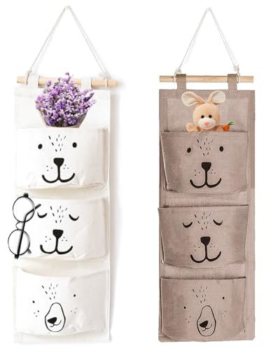 2pcs hängend Wandregal tasche mit 3 Taschen, Hängender Organizer für Kinder, Faltbare Hängetasche (weiß/grau)