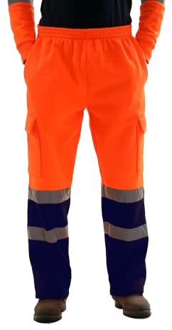 Candid Styles® Mens Hi Vis Work Trouser, Hi Viz Fleece Jogging Bottoms Combat Trousers, High Visibility Workwear Joggers Safety Reflective Tape Band Bottoms Pant (Orange-Navy, Large)