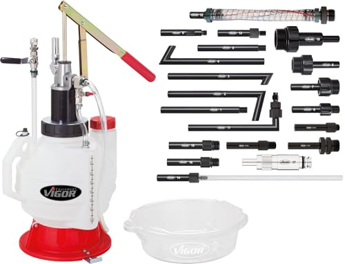 Vigor V4385N Öl Einfüllgerät mit Adapter Satz | 8310 g, 21-teilig, Größte Marktabdeckung, Befüllen von Getrieben und Differentialen mit Öl, Befüllschlauch 1,5 m, Inhalt: