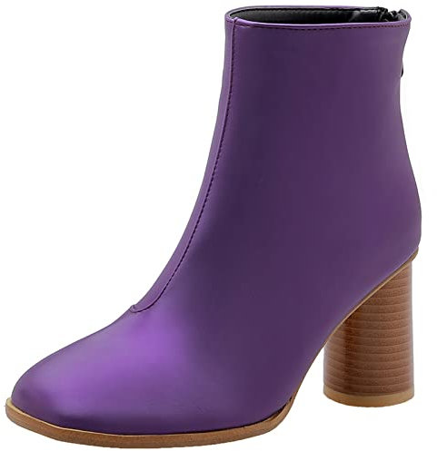 MJIASIAWA Femmes Bout Rond Mode Talons Hauts Bottes Chelsea A Enfiler Hiver Fête Bride Mariage Robe Block Ankle Bottillons Violet Taille 36 Eu