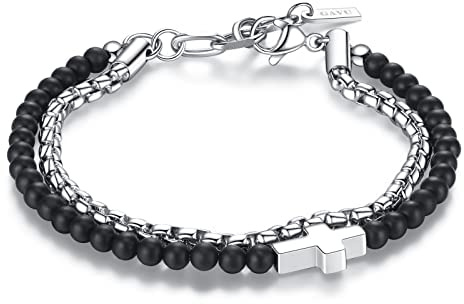 GAVU Bracciale Croce da Uomo con Doppio Filo di Perline di Pietre Naturali e Acciaio Inossidabile, Bracciale da Uomo Onice Nero Opaco con Charm Croce