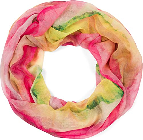 styleBREAKER Damen Loop Schal mit buntem Aquarell Farbverlauf Muster, leichter sommerlicher Schlauchschal mehrfarbig 01016220, Farbe:Gelb-Rot-Grün