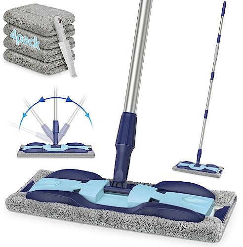 MEXERRIS Microfiber Mops for Hardwood Floor Cleaning - Floor Flat Mop with 59 Stainless Steel Handle 4 Reusable Pads and 1 Scrubber - Dry Dust Mop for Wood Laminate Tile Vinyl Commercial Home Use