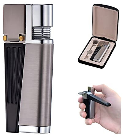 Accendino Portatile, 2 in 1 Metallo Fumo Accendino per Pipa, Accendini per Pipa Pieghevole a Fiamma Libera per Campeggio BBQ Cucina, Design Antivento, Regali per Uomo Padre (Argento)