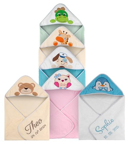 Wuff-Dogsworld Baby Kapuzenhandtuch mit Namen & Geburtsdatum Bestickt, personalisiertes Badetuch, viele Motive & Farben, 100% Baumwolle