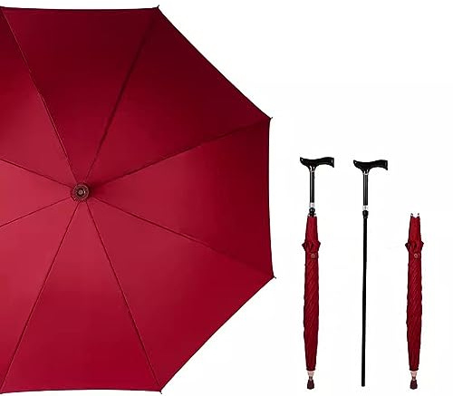 AVIITI 2 in 1 Gehstock Regenschirm, Multifunktional Rutschfester Langer Griff Krücke Regenschirm, Großes Geschenk Für Männer Frauen,Red a,86~94cm/33~37inch