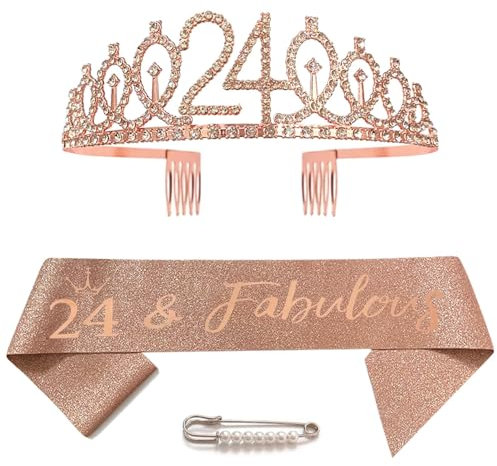Écharpe et diadème pour 24e anniversaire - Couronne 24 cristaux en or rose - Décoration d'anniversaire pour filles et femmes - Accessoires de fête d'anniversaire