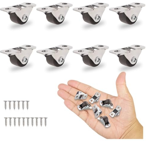 8Pcs 1/2 Inch Mini Rigid Caster Wheels Low Profile, Single Direction Tiny Wheel, Little Rubber Rolling Fixed Wheels with Steel Top Plate for Small Appliances,Furniture,DIY Project (Non Swivel)