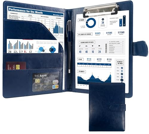 Schreibmappe A5 Klemmbrett Mappe mit Magnetischer Verschluss, organizer büro mappe, Blau Ordner, Dokumentenmappe für Unternehmen