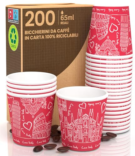 200 kaffemuggar av papper, 65 ml, Italien, röd, miljövänlig, biologiskt nedbrytbar, engångsmugg, liten, att ta med sig, varma drycker