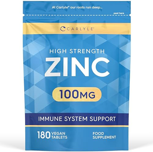 Zinc Tablets 100mg | Immunity Support Supplement | High Strength Zinc Citrate | 180 Vegan Tablets | Carlyle