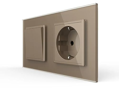 Interruptor de luz doble LIVOLO con enchufe Schuko para montaje empotrado VL-C7-K2S/C1EU-13 en dorado en marco de cristal