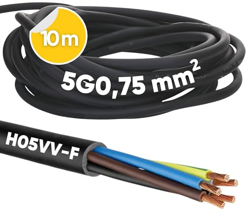Kalitec 10m H05VV-F Câble Flexible 5x0,75 mm² - Câble d'Alimentation PVC | Fil électrique 5G0,75 mm² avec conducteur de protection pour éclairage LED, appareils de bureau et intérieur sec noir