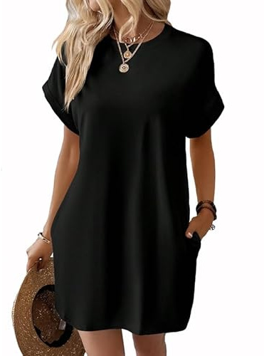 AOWVUTS Abito Estivo Donna Scollo a Rotondo T-Shirt Casual Vestito a Manica Corta Ampio Abiti Corto con Tasche Moda Tinta Unita Mini Vestito