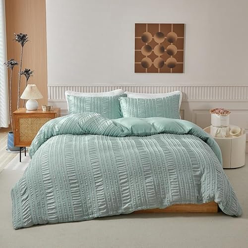 DXHOME Seersucker Ropa de cama de 135 x 200 cm, 4 piezas, color verde claro, transpirable, romántica, suave, microfibra, funda nórdica con cremallera y 2 fundas de almohada de 80 x 80 cm