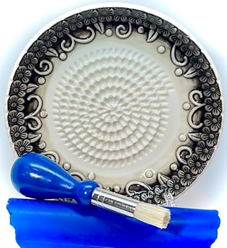 BonCera, All-in-one Premium Ceramic Garlic Grater Plate 4-Piece Set - Black Embossed Design and Style - For Garlic, Ginger, Chocolate, and more! - Comes with 5.25 Plate, Peeler, Brush, and Stand