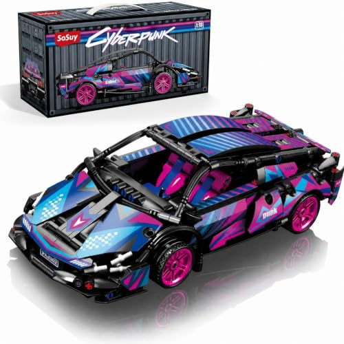 Sosuy Building-Block Race-Car Set, 1:18 Technical Model Kit 586 Pcs DIY Pull-Back Cyberpunk Toy for Boy Girl Kid Age 6+ Year, Birthday Gift for Teen Adult Display, Speed Super Sports Cars Bricks Icons