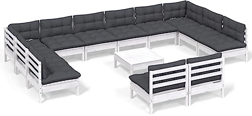 WEMYUFURN 13-TLG. Garten-Lounge-Set mit Kissen Weiß Kiefer Massivholz, Outdoor-Sitzgruppe, Terrassen-Lounge-Set, Garten-Couchgarnitur - Wetterbeständig, Komfortabel - für Terrasse, Garten und Balkon
