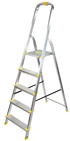 Bayersystem BS-DA5-H Trittleiter mit 5 Stufen, Aluleiter, bis 150 kg, max. Arbeitshöhe 2,99 m, Klapptrittleiter mit Handlauf, Anti-Rutsch-Füße, Klapptritt für Haushalt, inkl. Eimerhaken, Silber/Gelb
