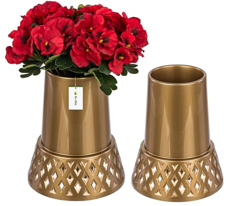 2 vasi da cimitero a forma di cono, traforato, decorazione per tomba, vaso per fiori, altezza 25 cm, diametro 11 cm, composizione dorata, per fiori vivi e artificiali