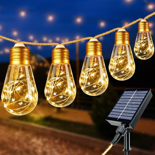 btfarm Solar Lights Outdoor Garden, 8M/26FT 160 LED Solar String Lights with 16 LED Shatterproof Bulbs, Hemp Rope Festoon Lights Waterproof for Patio Party Wedding Yard Decor -Warm White