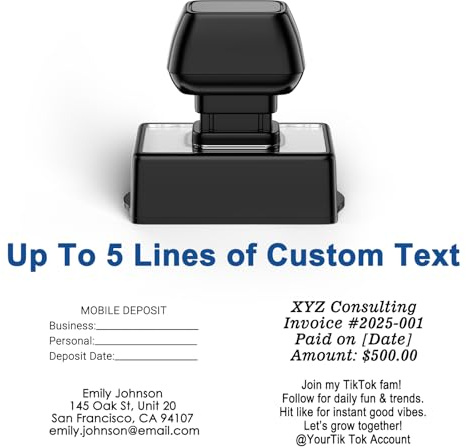 TechMark Custom Stamp Self-Inking - Up to 5 Lines of Personalized Text for Business, Official Documents, Christmas Card, Mail, Forms and Records, Clear & Consistent Impressions, Effortless Stamping