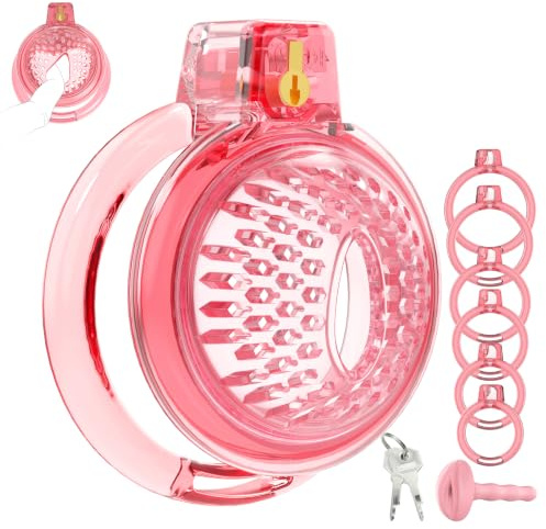 QRRQ Chastity Cage Männer, Weicher Keuschheitskäfig Herren, mit 6 Penisringen, je nach Größe Besser, mit Belüftungslöchern, für SM Fetisch, Sexspielzeug Fesselspiele langes Tragen, Rosa
