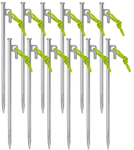 Tälttering 12 st. 30 cm med P-krok och fluorescerande spännkoppel – stabil sill av galvaniserat stål, 9 mm Ø, för hårt golv, camping, förtält, lusthus