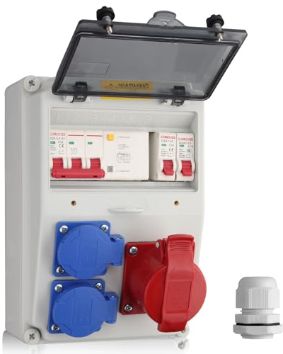 KAMTOP Distribuidor de Corriente de Pared con 2 Tomas Schuko y 1 Enchufe CEE 16 A, Caja de Distribución con Interruptor Diferencial y Disyuntor FI, IP66 Impermeable para Talleres y Jardines