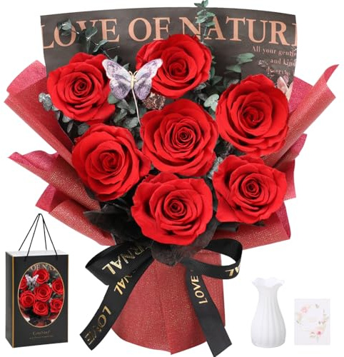 Casaido Preserved Flowers for Delivery, 7 Red Roses Bouquet, Birthday Gifts for Women, Valentines Day Rose Gifts for Mom Wife Girlfriend, Forever Real Flowers for Christmas Anniversary