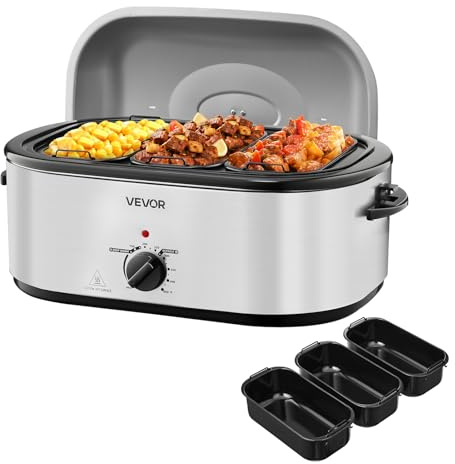 VEVOR Roaster Oven, 24QT Electric Turkey Roaster Oven, 150-450℉ Adjustable Temperature Electric Roasting Pan with 3 Bin Buffet Server, Self-Basting Lid, Defrost & Warm Function, Self-Basting Lid
