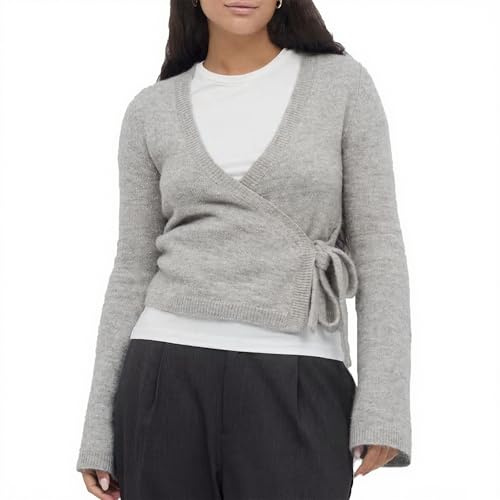 Womens Y2k Long Sleeve Wrap Knit Tops Solid V Neck Side Tie Sweater Shirts Lightweight Open Front Pullover Cardigans (Gray, M)