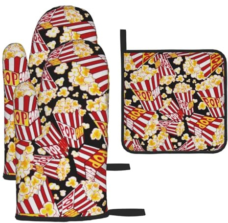 Heat Resistant Oven Gloves Set, Popcorn Print Pot Holder Set For Baking, Grilling, 3 Piece Kitchen Mitts, Non-Slip & Waterproof Pot Holder Trivet For Baking, Bbq, Thermal Insulating Gloves, Hot Pads