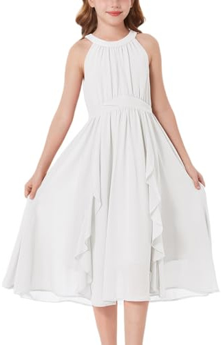 GRACE KARIN Girl's Chiffon Dress with Halterneck and Vertical Ruffles, A-Line for Formal and Summer Events White 14 Yesrs