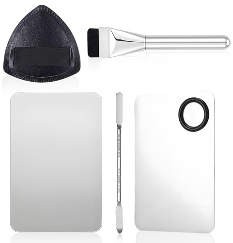 Rayakt 5Pcs Makeup Mixing Palette Set, Stainless Steel Make up Tool with Foundation Brush, Make Up Spatula, Powder Puff, Makeup Palette, Beauty Accessories for Foundation, Concealer & Nail Art